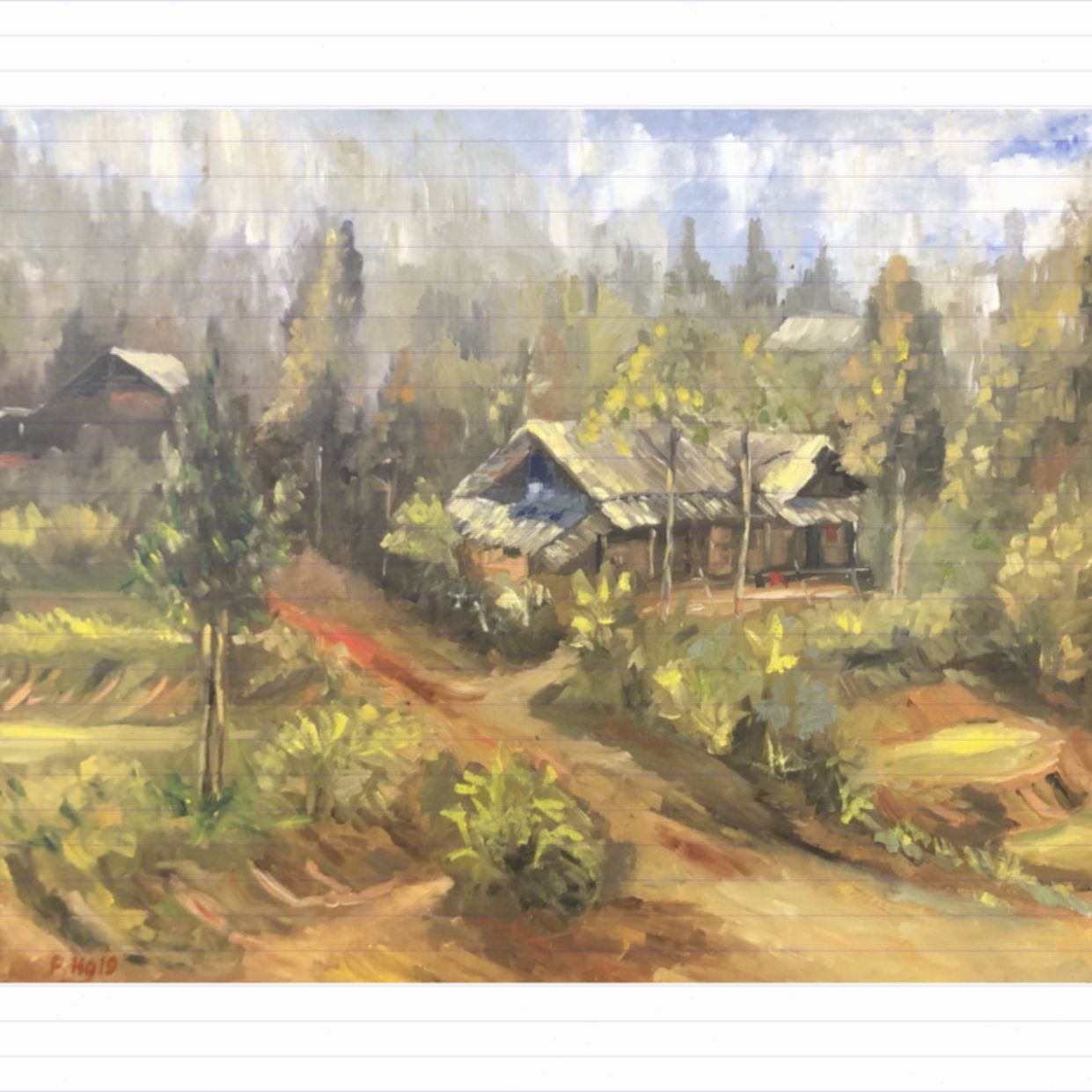 Tranh Sơn Dầu Nắng Xóm Núi 61x76cm Tông Ấm Lãng Mạn Trang Trí 