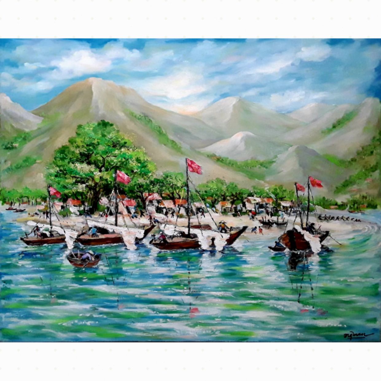 Tranh Sơn Dầu Phong Cảnh Thuyền Bến Đẹp Sang Trọng Giá Tốt 
