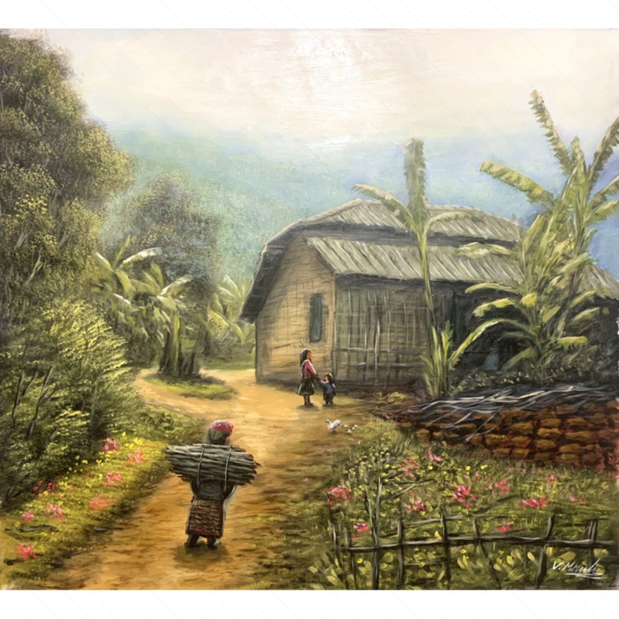 Tranh sơn dầu Lối về chất lượng tranh đẹp Kích thước 76x70cm 