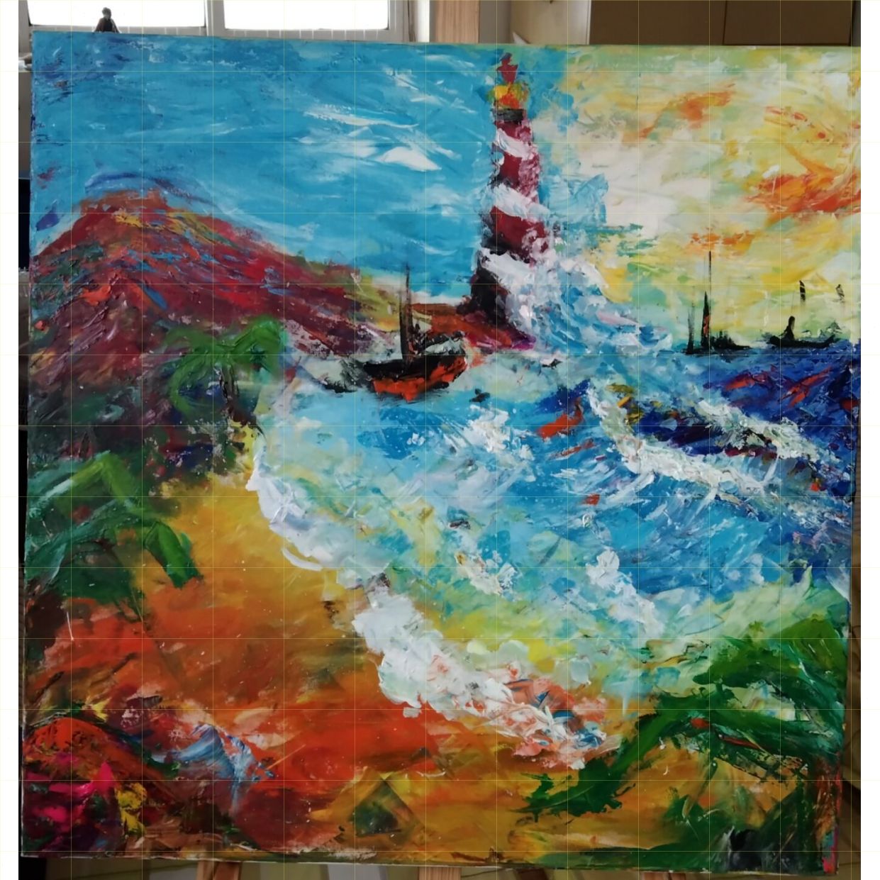 Tranh Hoàng Hôn trên Biển Canvas 70x70cm Acrylic Độc Bản 