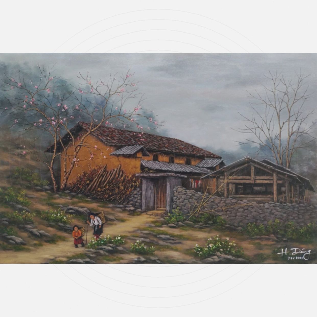 Tranh phong cảnh vùng cao đi chợ sớm tranh acrylic độc bản 70x100 
