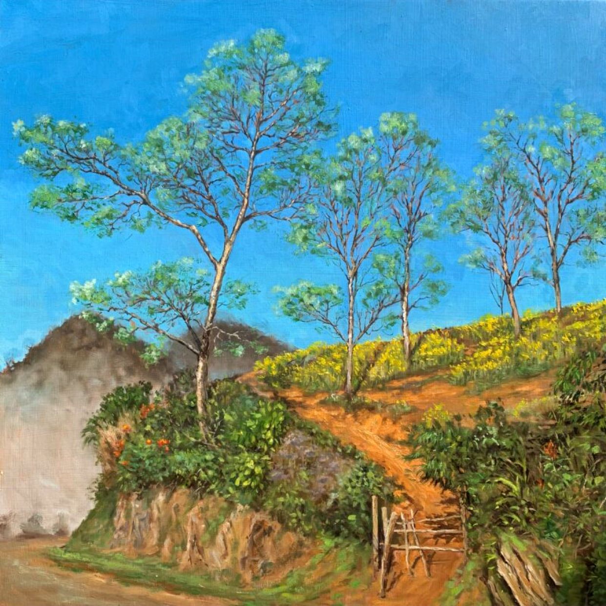 Tranh Sơn Dầu Tháng Ba lên nương 80x80cm Độc bản Sang trọng 