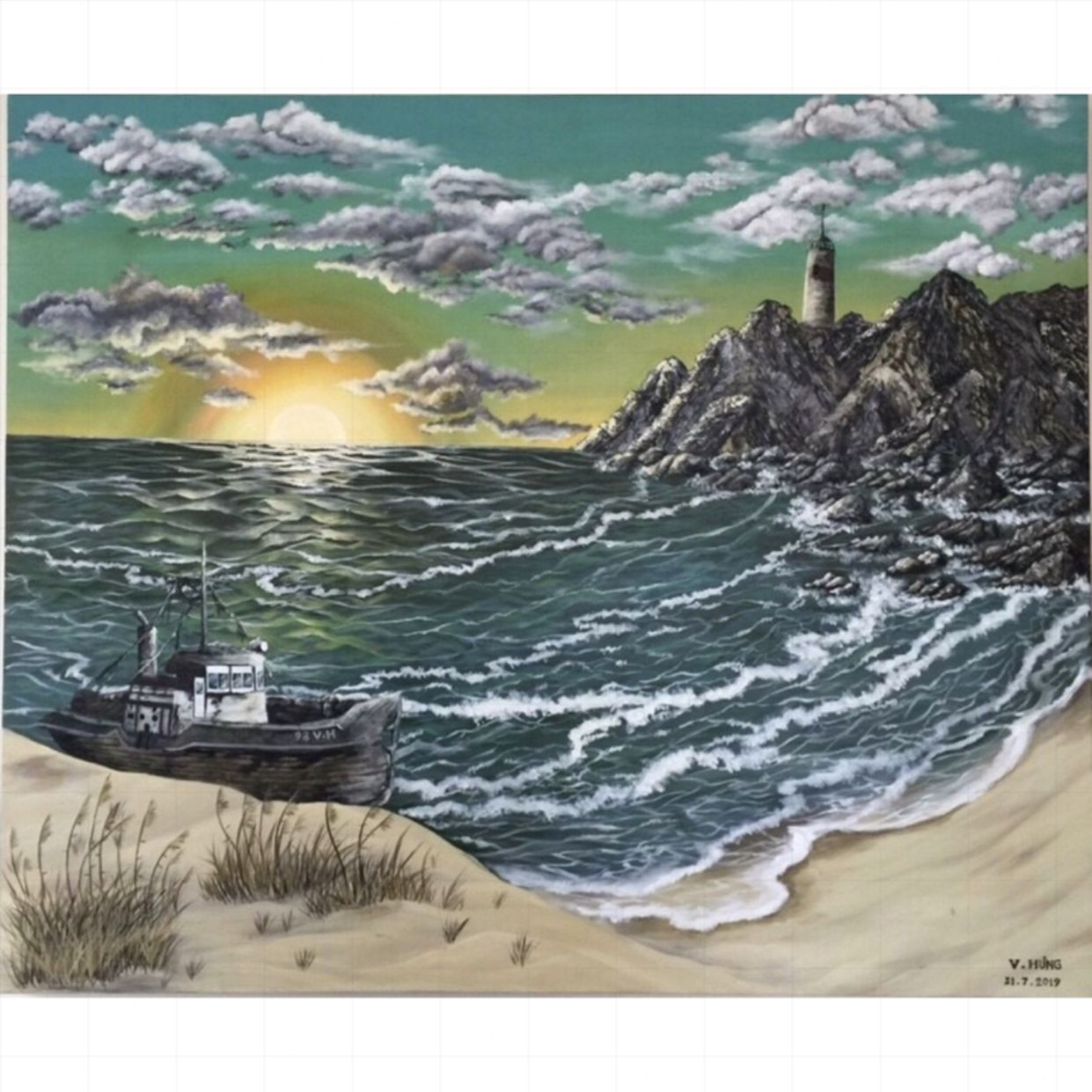 Tranh Phong Cảnh Biển Bình Minh 100x120cm Chất Liệu Acrylic Canvas Nghệ Thuật Độc Bản 