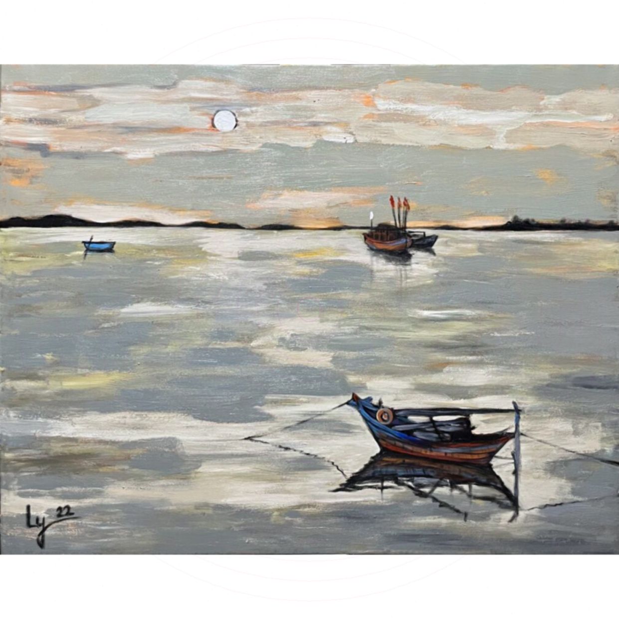 Tranh Biển Chiều Trăng đẹp Acrylic 80x100cm độc bản 