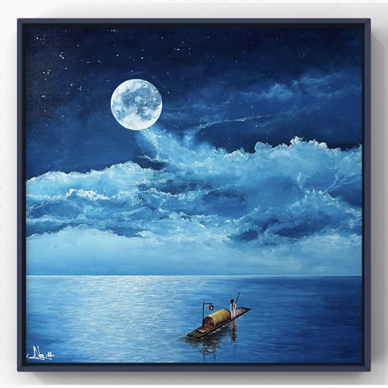 Tranh Phong Cảnh Biển Ánh Trăng Acrylic Độc Bản Kích Thước 50x50cm 