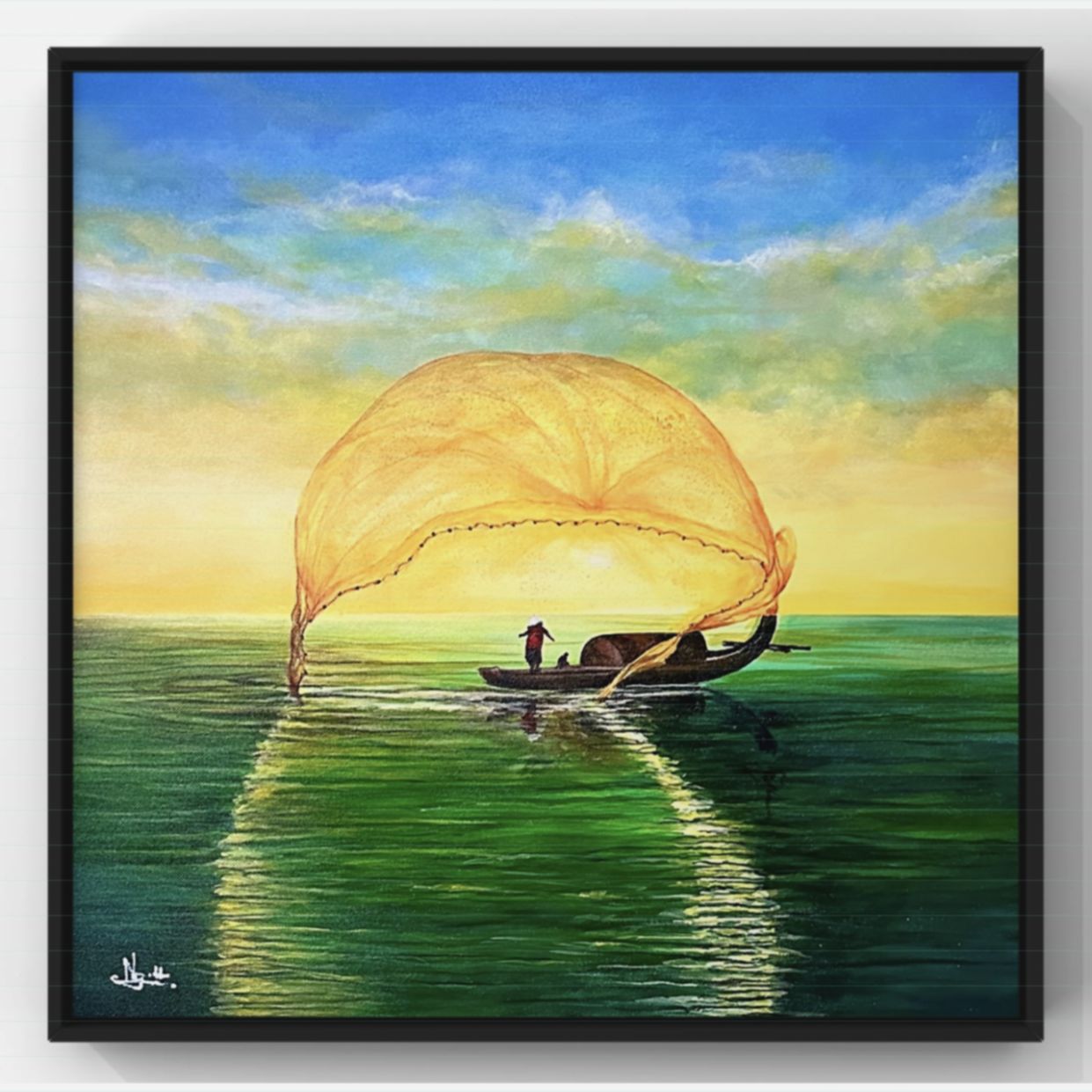 Tranh Phong Cảnh Biển Sông Quăng Lưới Acrylic 50x50 Độc Quyền 