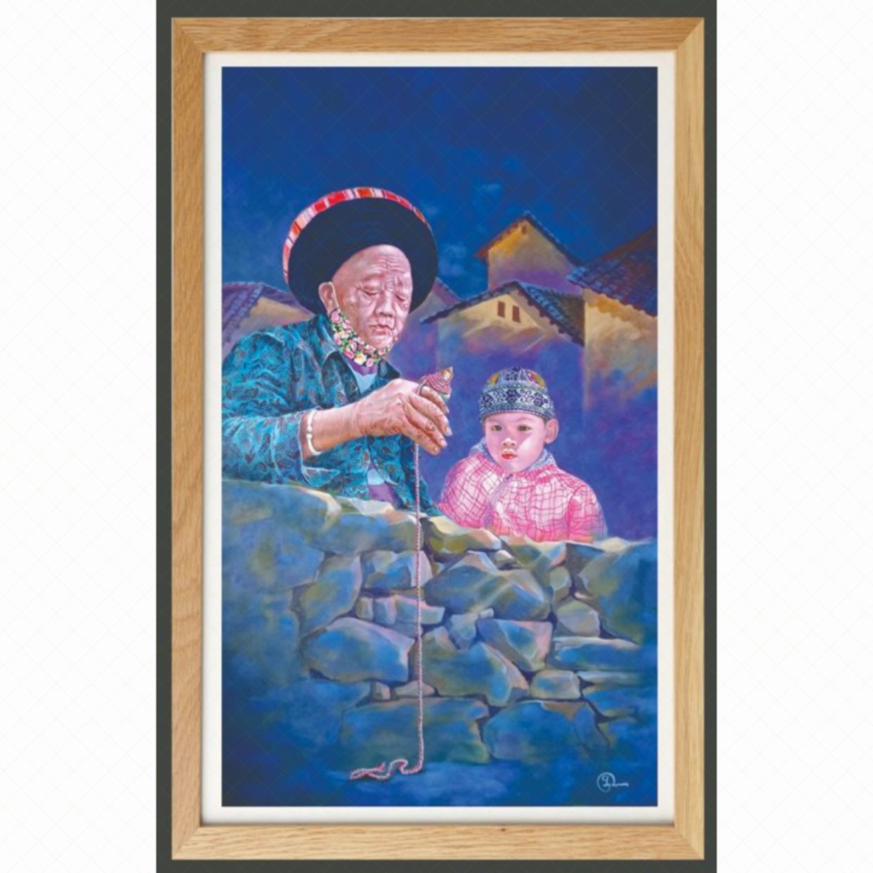 Tranh Phong Cảnh Vùng Cao Bà Cháu Acrylic Độc Bản Tặng Bộ Quà 