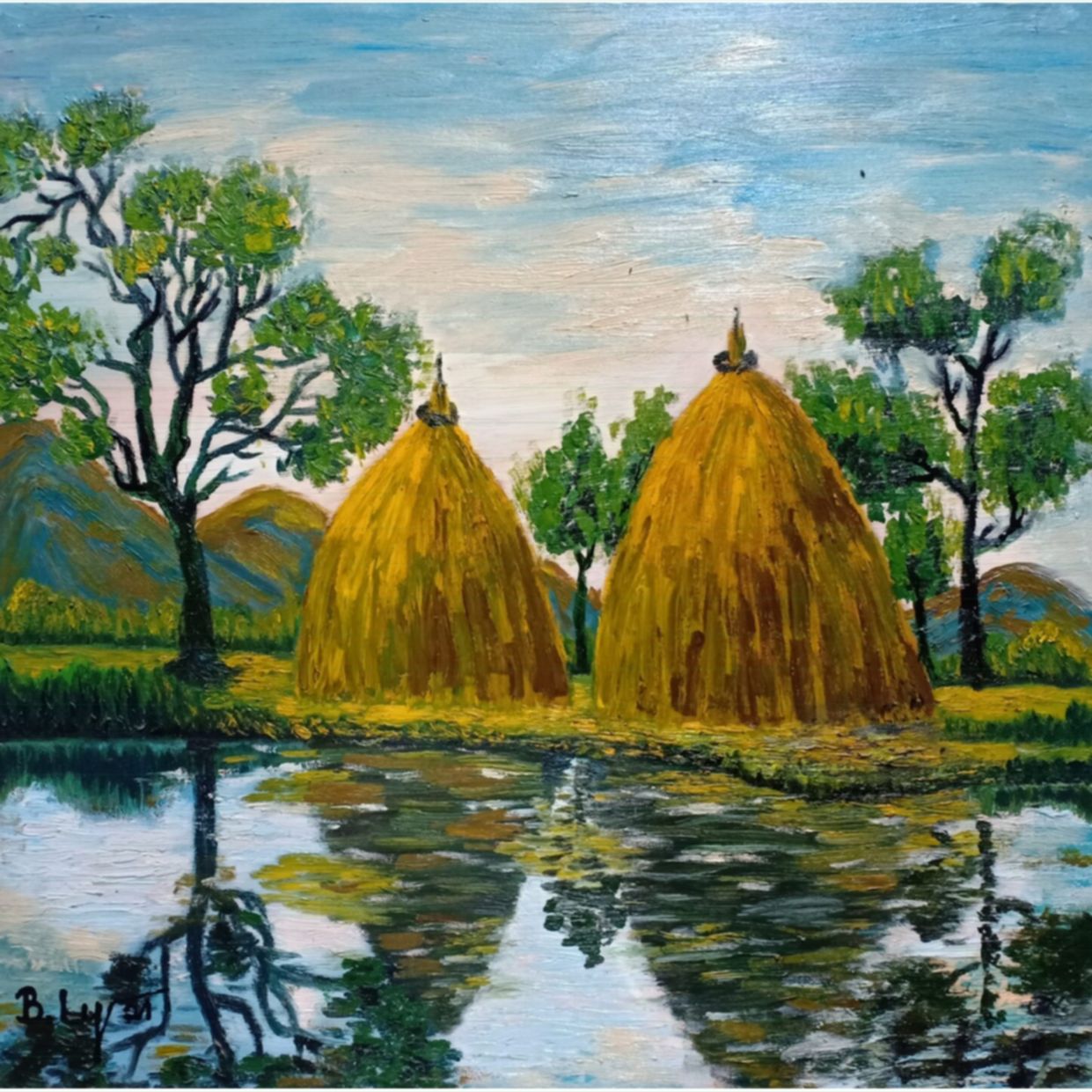 Tranh Sơn Dầu Phong Cảnh Chiều Quê 50x50cm Sang Trọng Độc Đáo 
