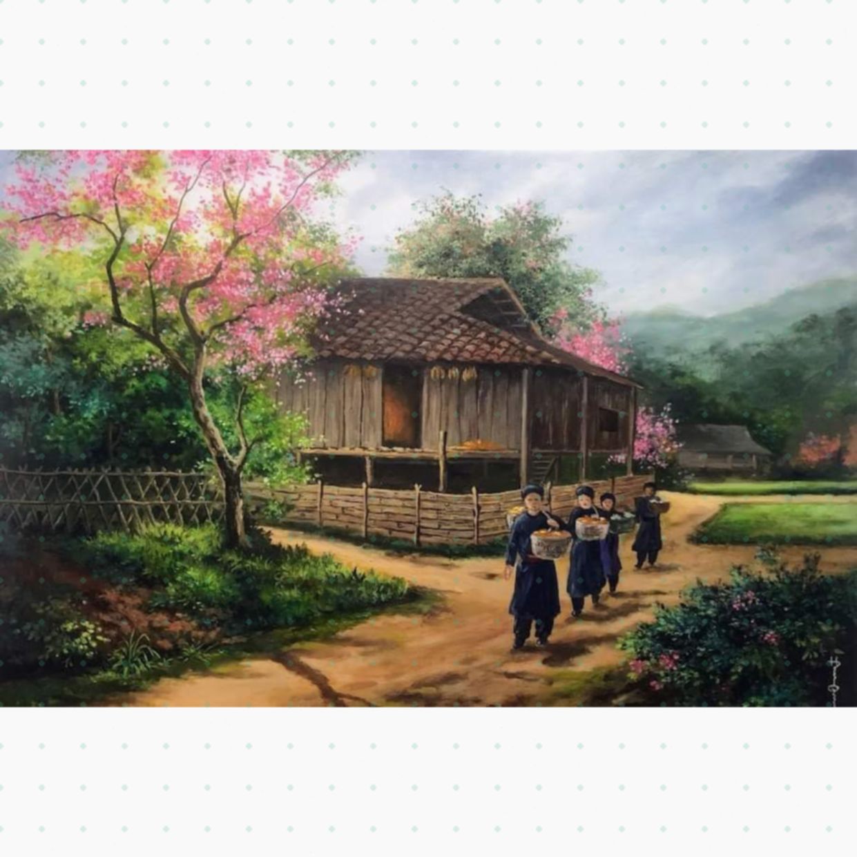 Tranh Vùng Cao Xuân về Bản Tày Acrylic 60x90 Độc Bản 
