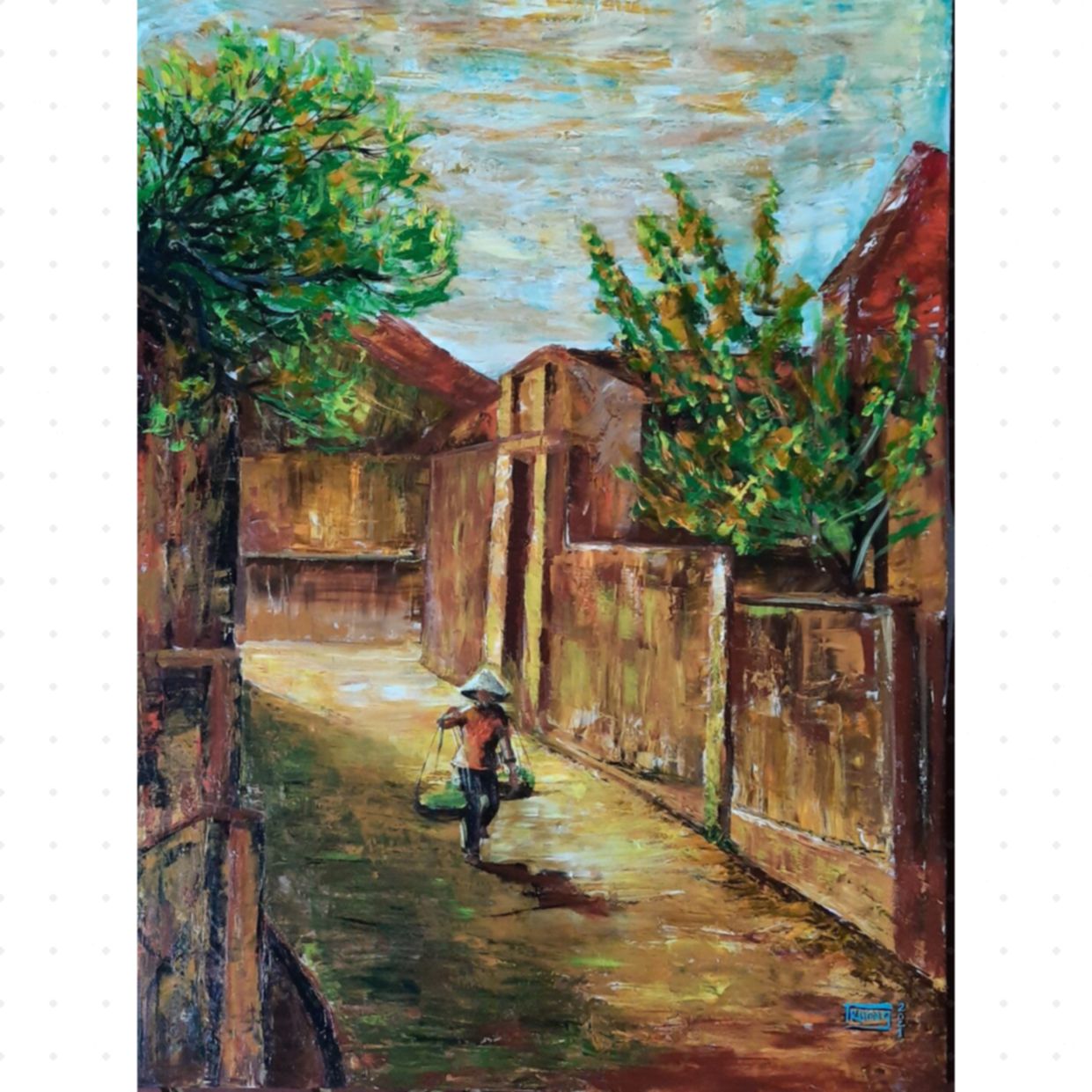 Tranh Phong Cảnh Đồng Quê Ngõ Làng Acrylic 60x80cm Độc Bản Giá Tốt 