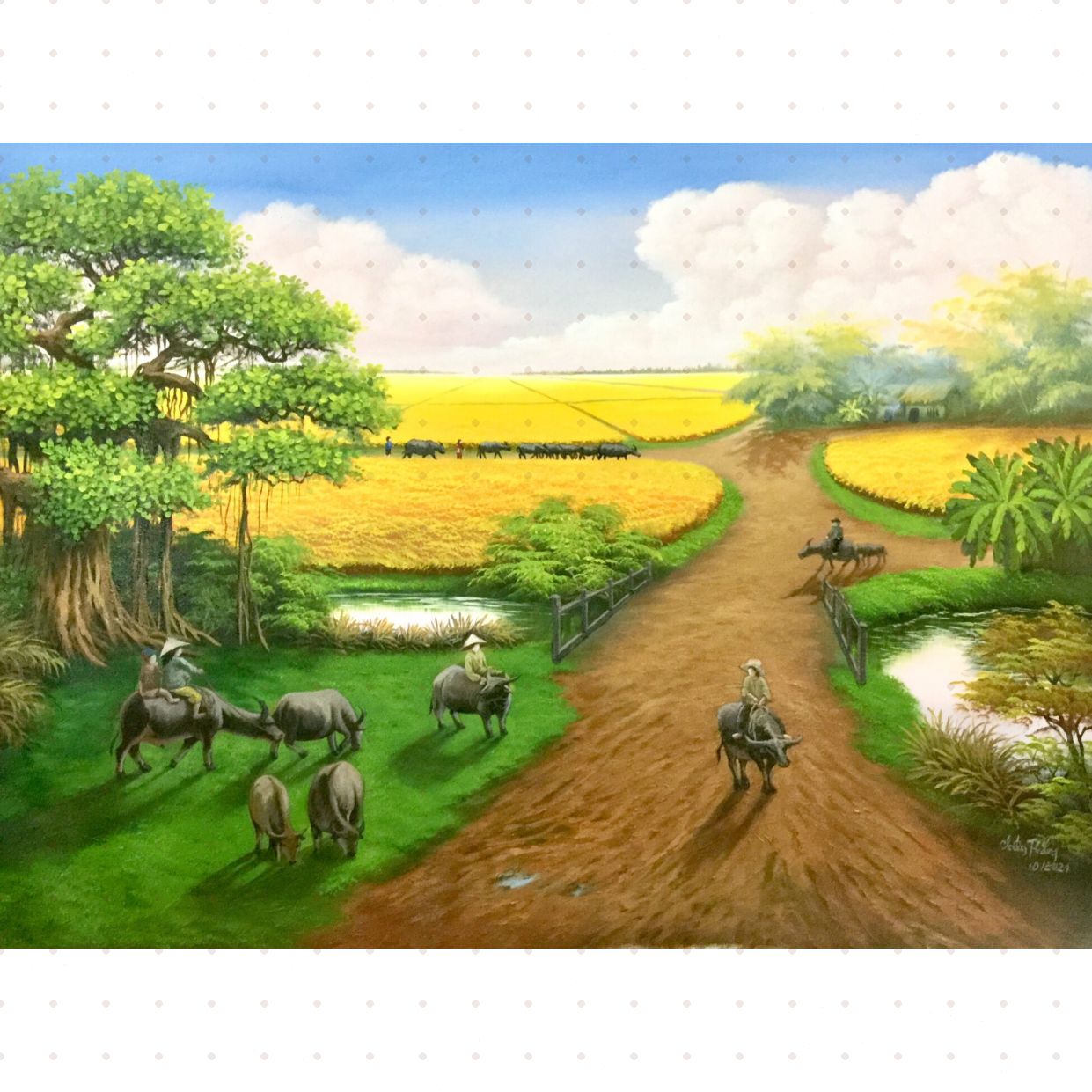 Tranh Phong Cảnh Đồng Quê Khói Chiều Acrylic Độc Bản Siêu Đẹp 