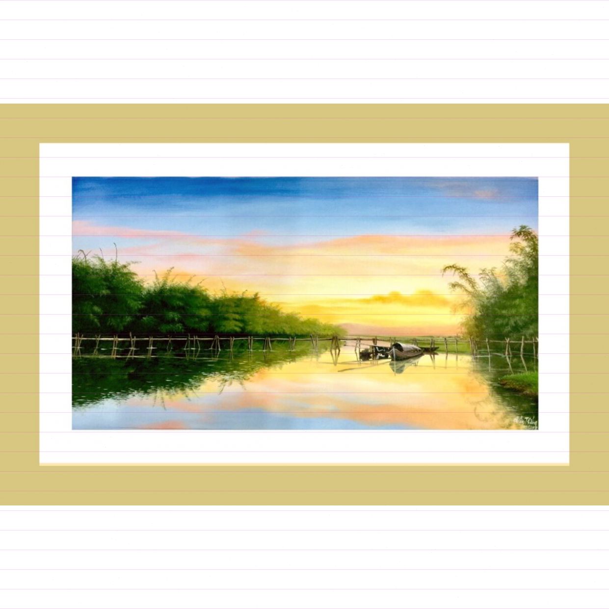 Tranh Đồng Quê Neo Đậu Bến Quê Sơn Acrylic 42x80cm Độc Bản 