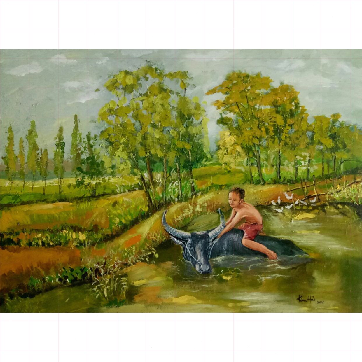 Tranh Sơn Dầu Khúc Sông Quê Acrylic Độc Bản Giá Tốt 