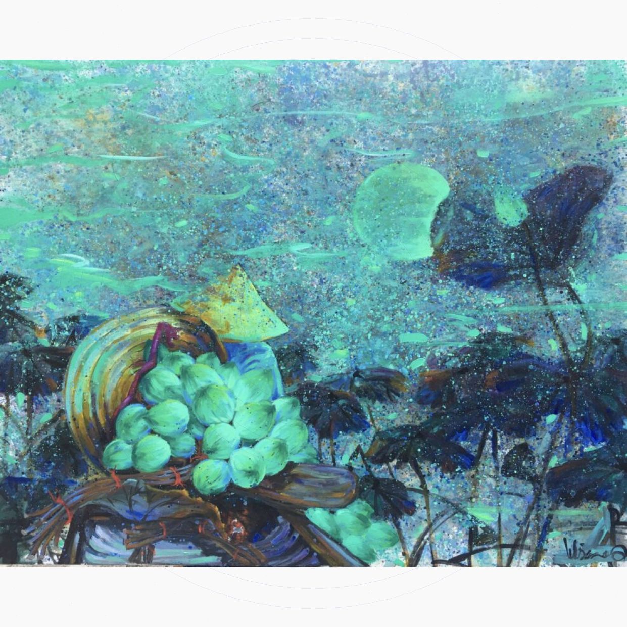 Tranh Đồng Quê Dưới Ánh Trăng Acrylic 80x100 Tác Quyền Chính Hãng 