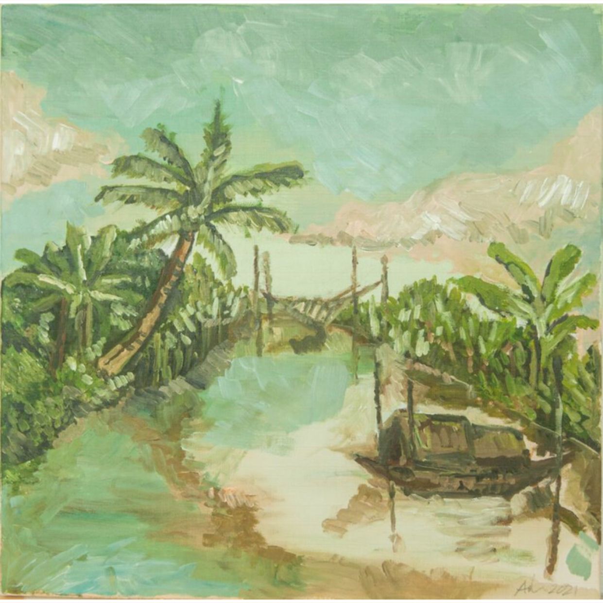 Tranh Đồng Quê Acrylic 40x40cm độc bản họa sĩ tặng tranh đẹp 