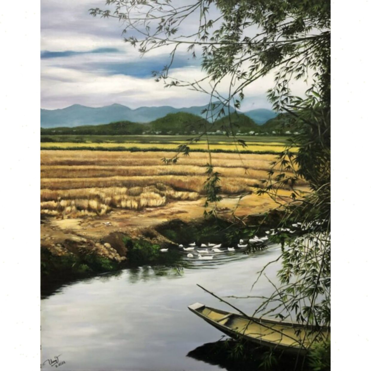 Tranh Phong Cảnh Hương Đồng Quê Bức Vẽ Acrylic Đẹp 70x90cm 
