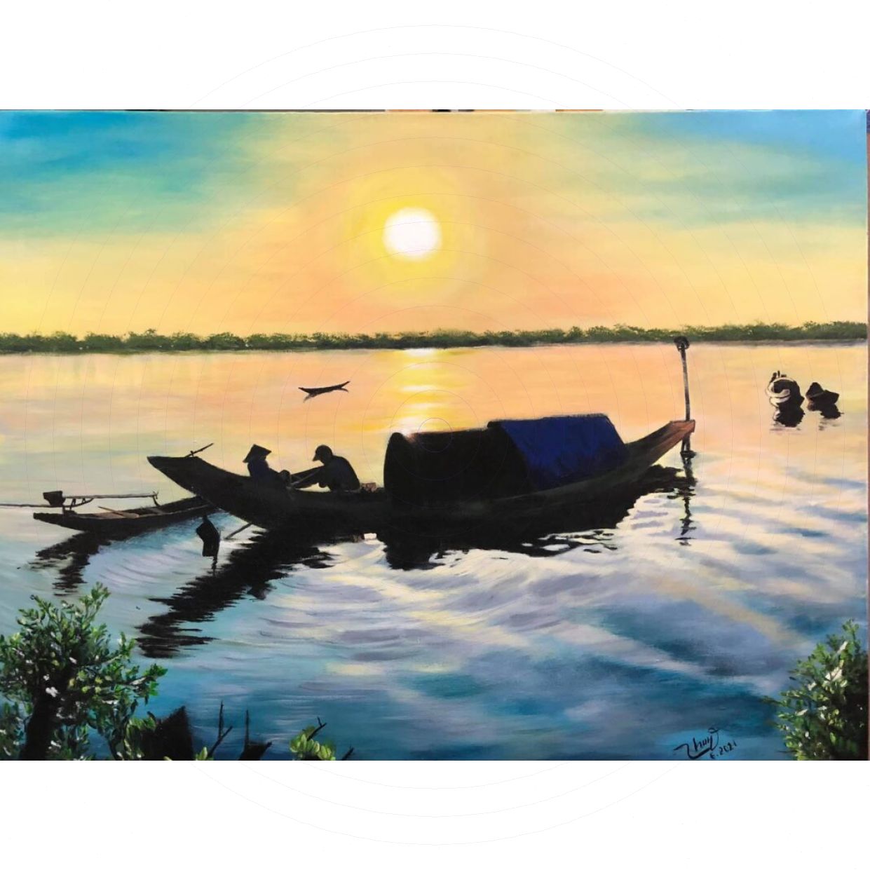 Tranh Bình Minh Làng Chài Phong Cảnh Đồng Quê Sang Trọng Giá Tốt 