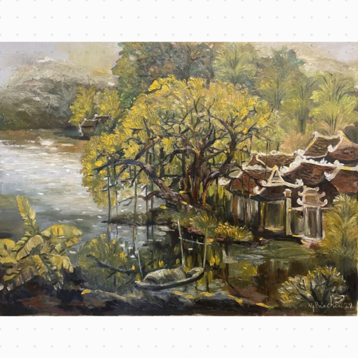 Tranh Sơn Dầu Về Làng Khung Gỗ Sồi Độc Bản Trang Trí Sang Trọng 