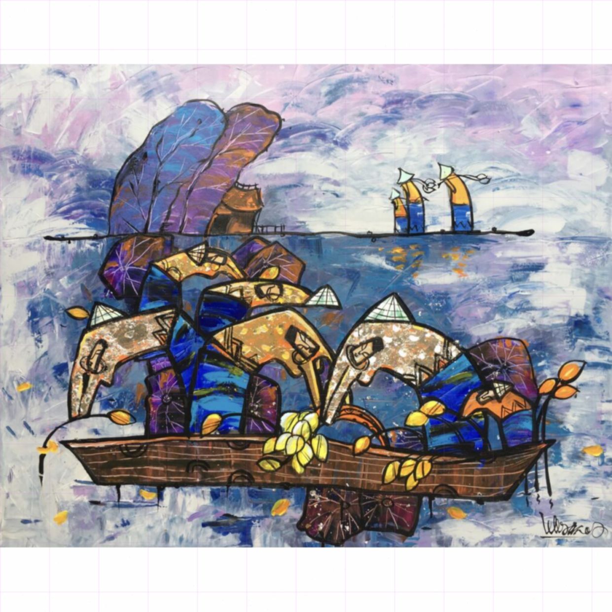 Tranh Đồng Quê Hái Sen Acrylic 80x100cm Độc Bản Sang Trọng 