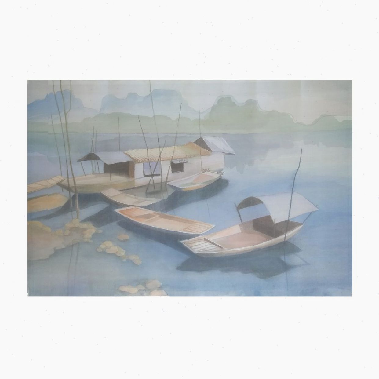 Tranh Đồng Quê Lụa 60x90cm Xóm Thuyền Chài Sang Trọng 
