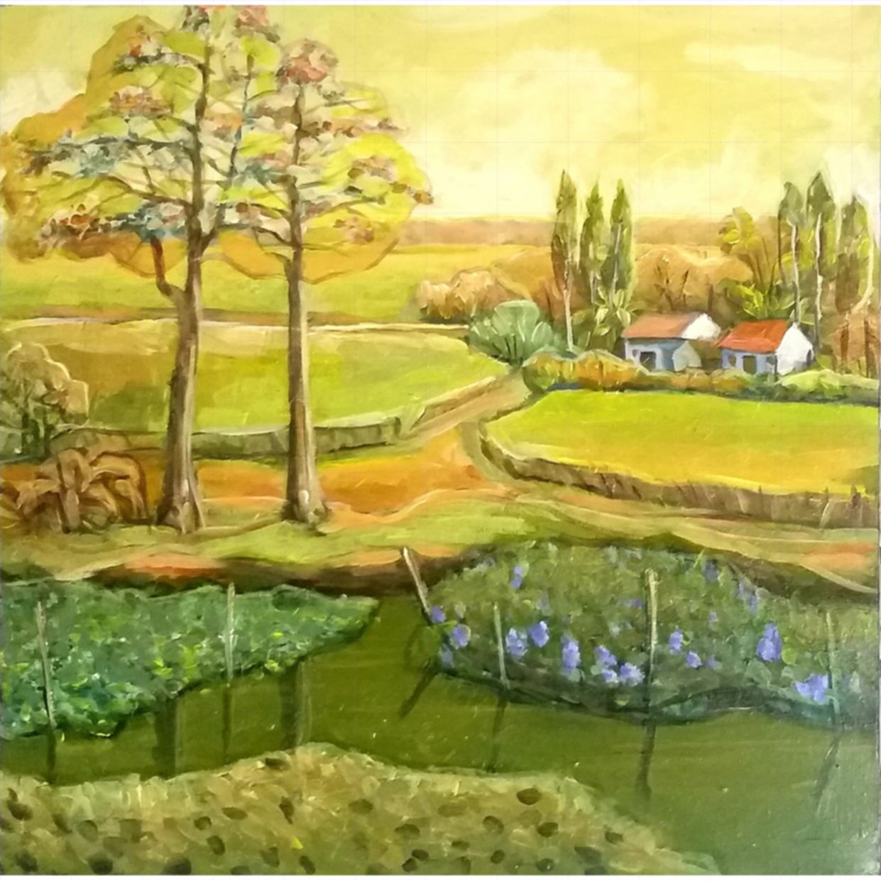 Tranh Phong Cảnh Đồng Quê Nhà ngoại Acrylic đẹp trang trí 