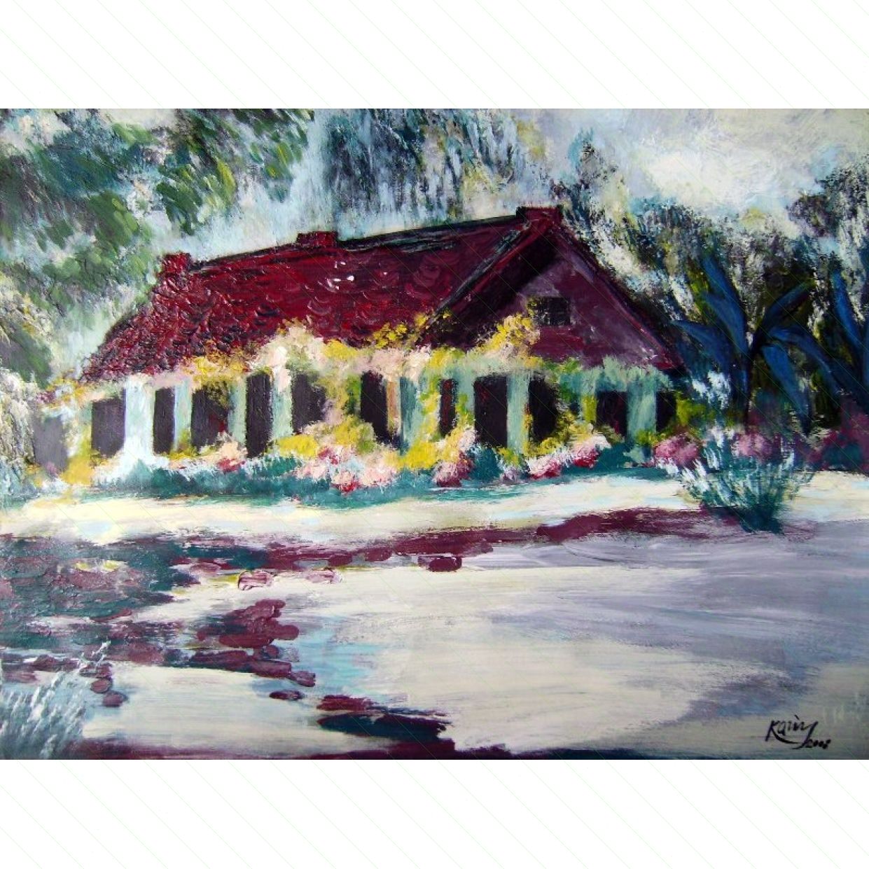 Tranh Đồng Quê Mái Nhà Xưa Acrylic 60x80 Độc Bản Nghệ Thuật 