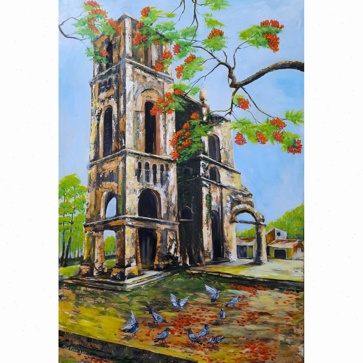Tranh Phố Cổ Vết Thời Gian 85x120 Acrylic Trang Trí Độc Đáo 