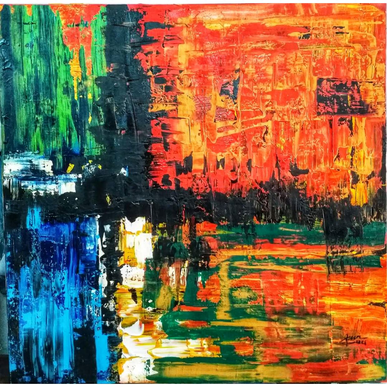 Tranh Acrylic Ngõ Nhỏ Phố Lên Đèn 100x100cm - Độc Bản Cao Cấp 