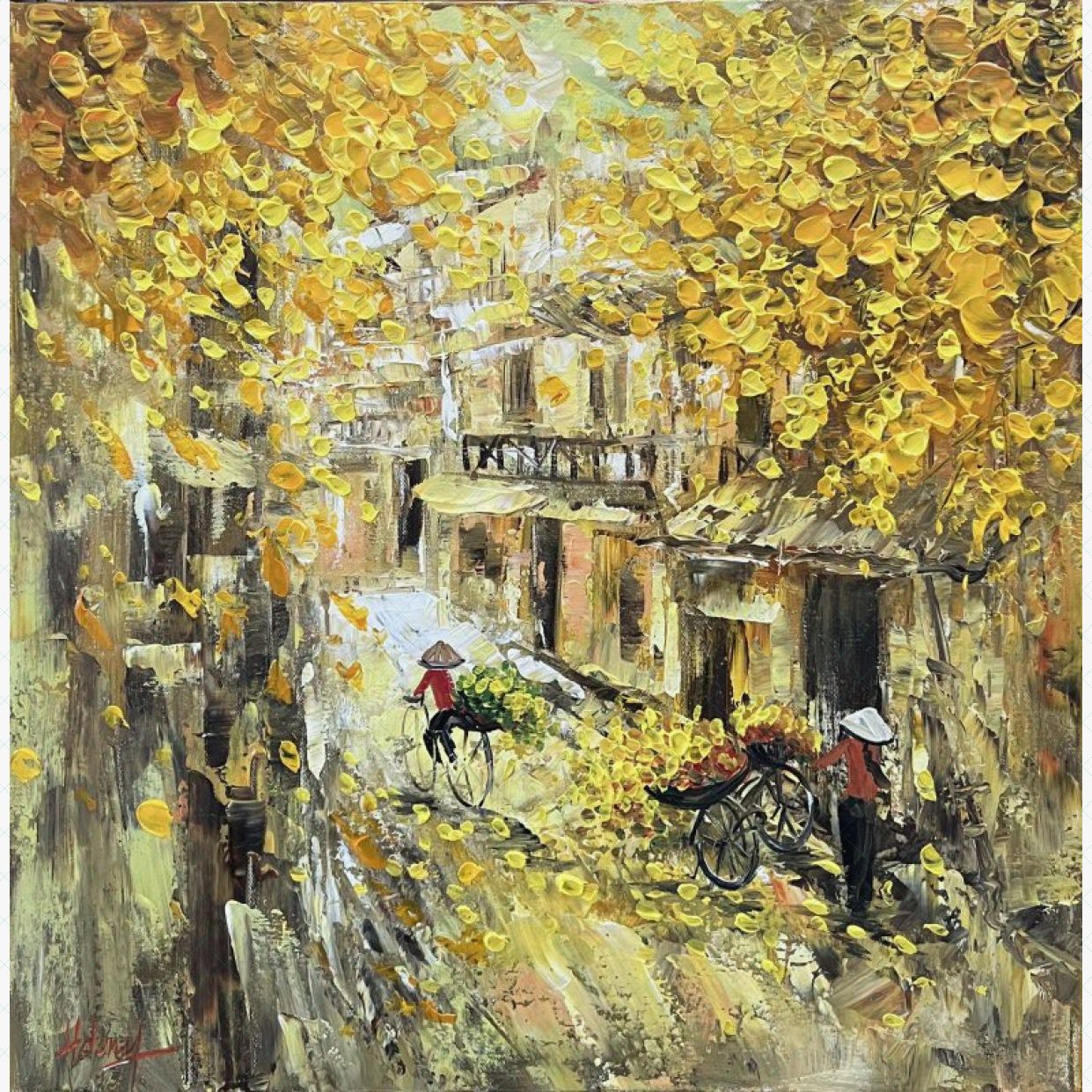 Tranh Phong Cảnh Qua Phố Acrylic 80x80cm Độc Bản Sang Trọng 