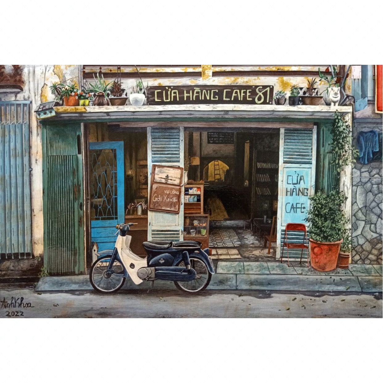 Tranh Cafe Cổ Phố Nhỏ Ngõ Nhỏ Acrylic Canvas 40x60cm 
