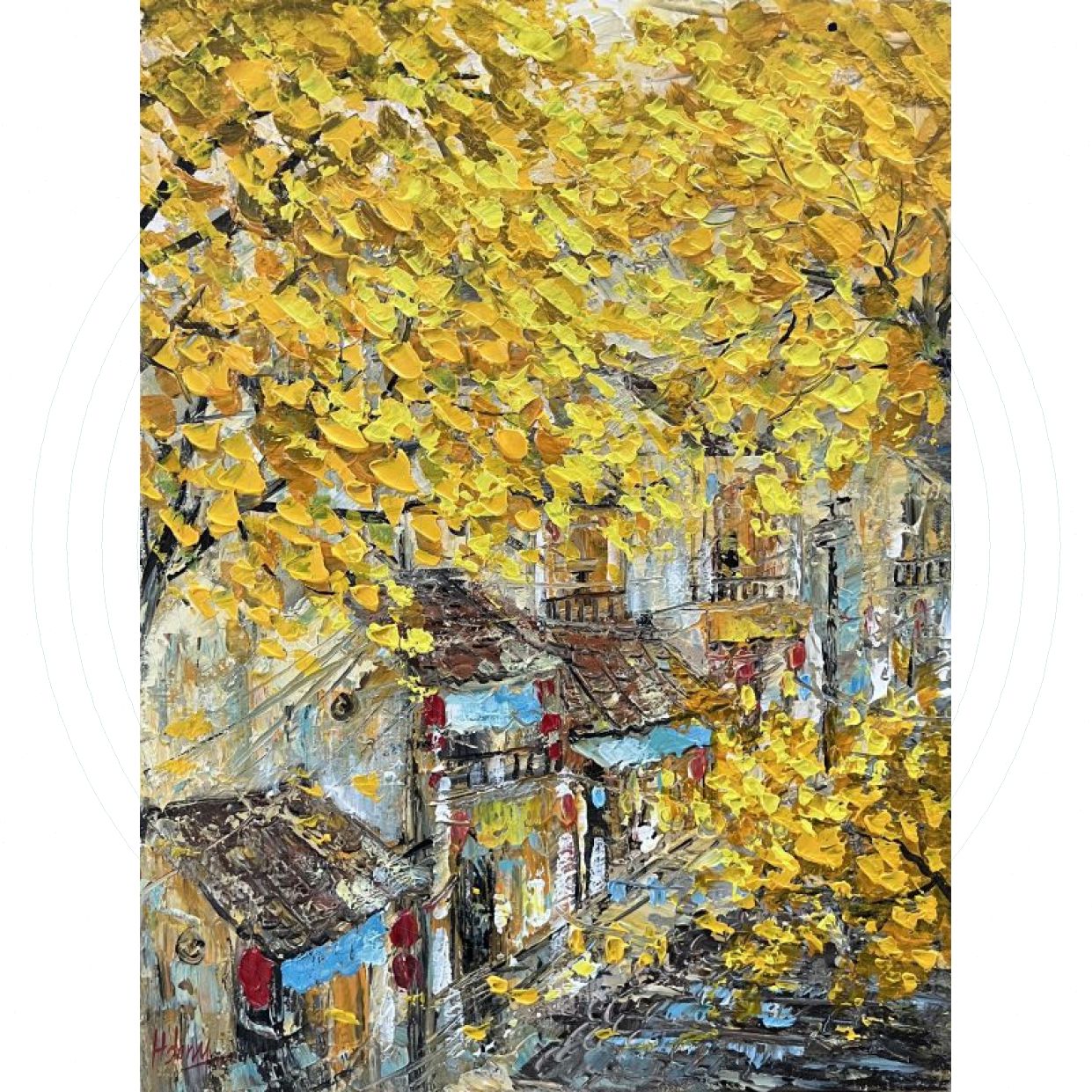 Tranh Phố Cổ Lễ Hội Acrylic 60x80 Họa Sĩ Chính Hãng 