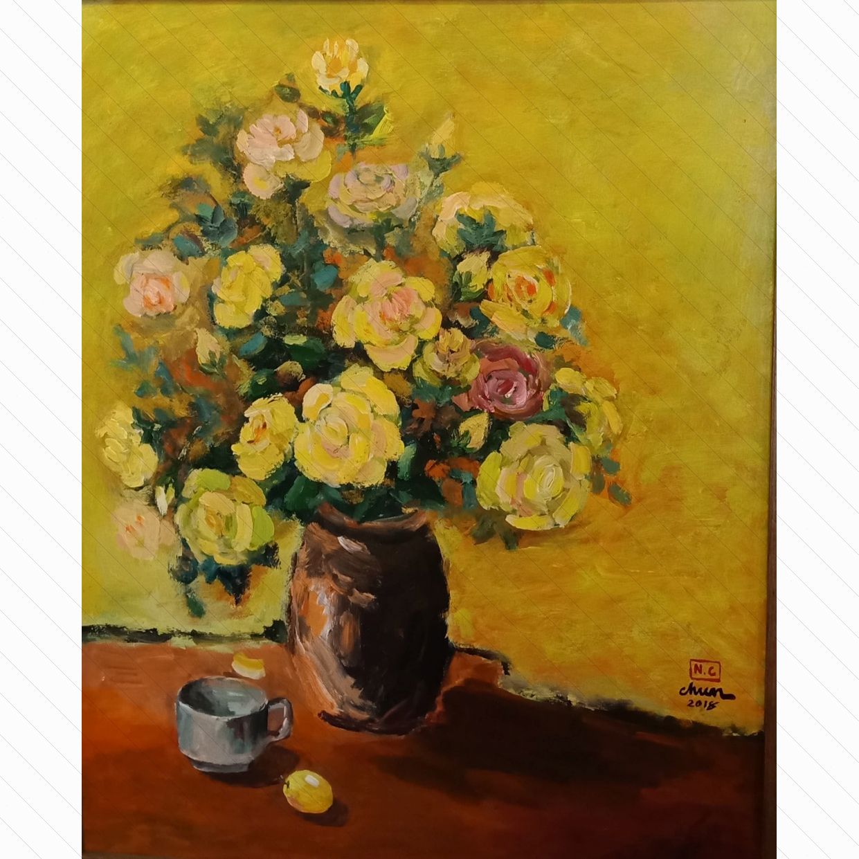 Tranh Hồng Vàng Acrylic Hữu Chiến 65x81cm Độc Bản Cao Cấp 