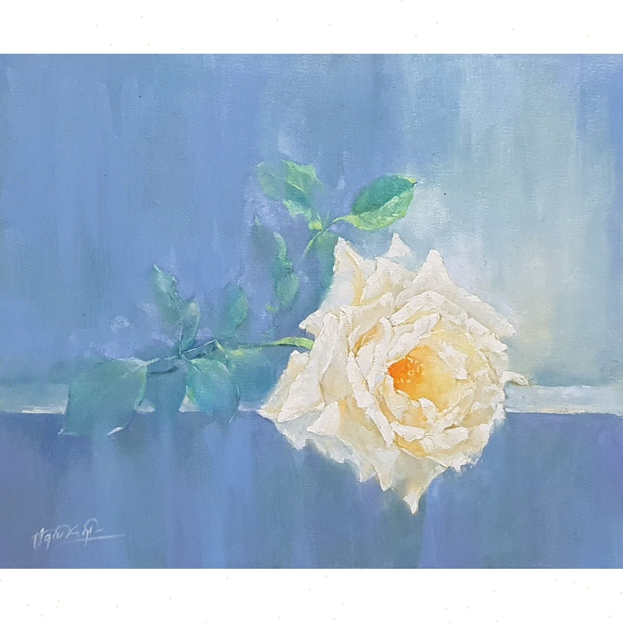 Tranh Hoa Đóa Hồng Trắng Sơn Dầu 50x60cm Độc Bản 