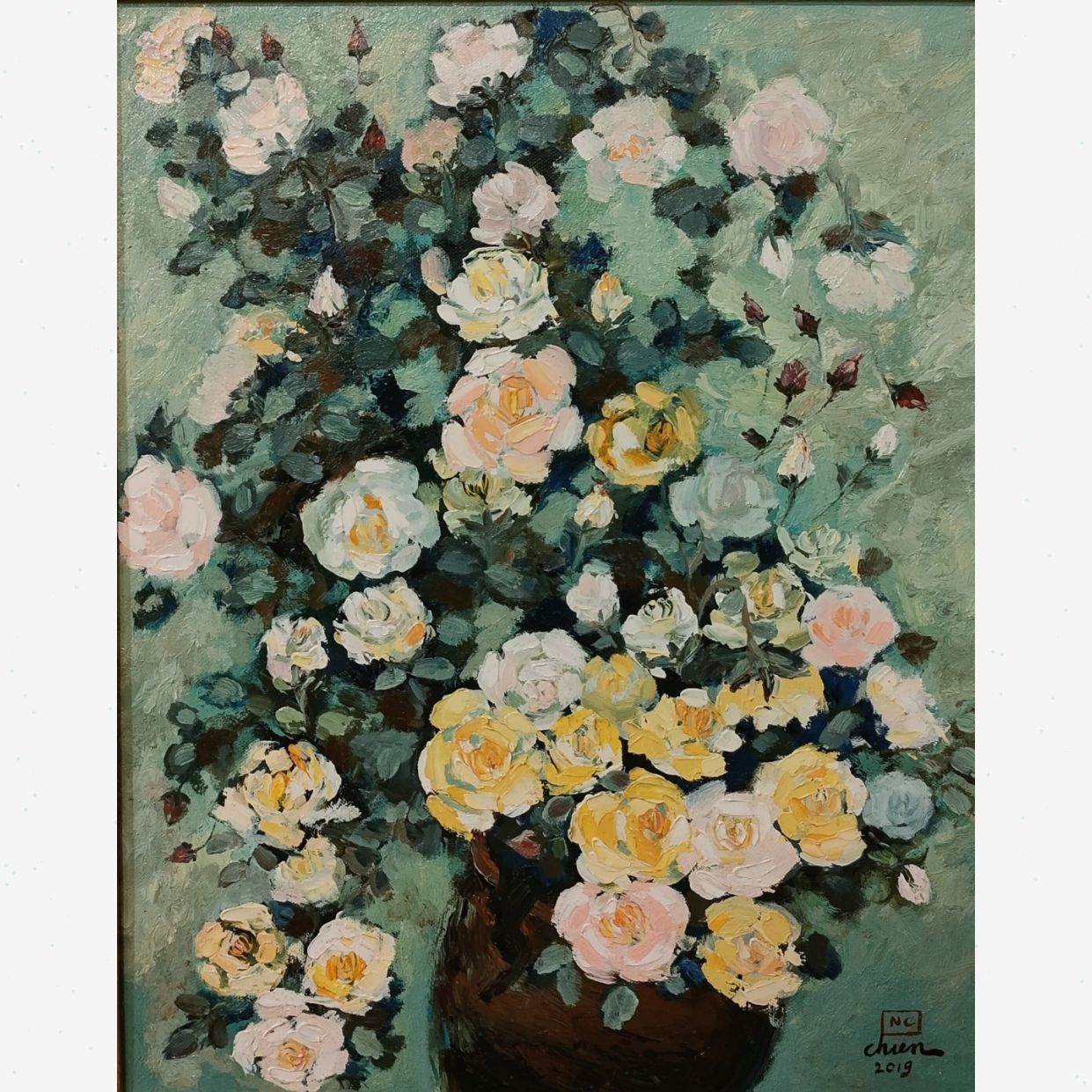 Tranh Hoa Hồng Vàng Sơn Dầu 65x81 Độc Bản Sang Trọng 