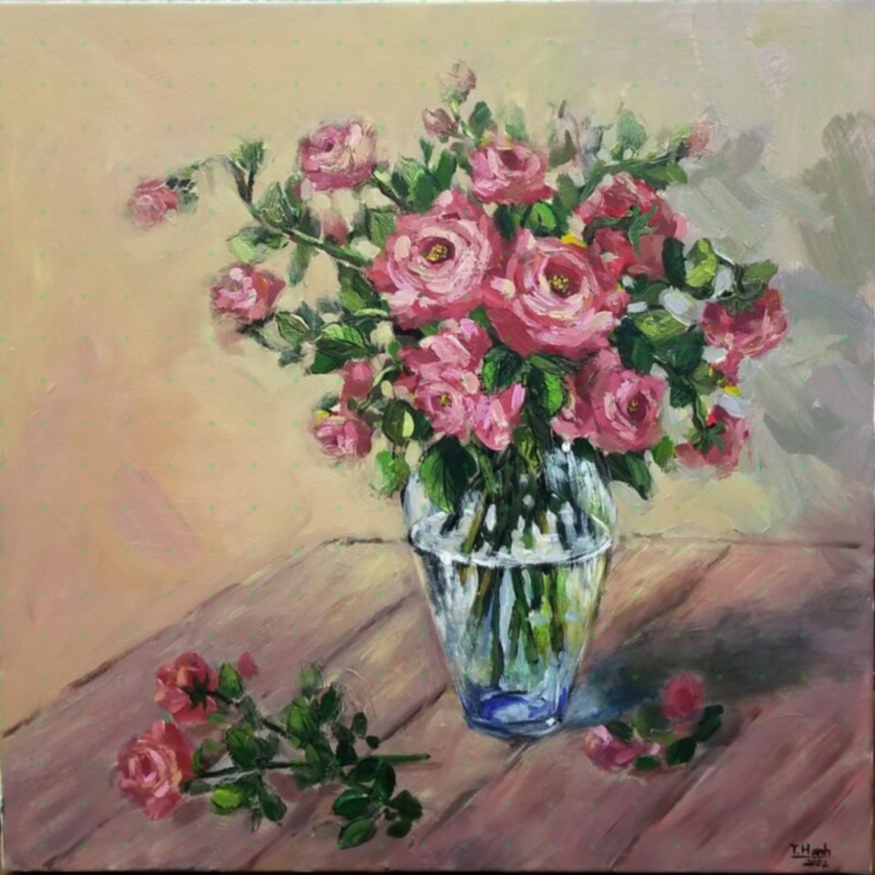 Tranh sơn dầu hoa hồng độc bản tranh họa sĩ kích thước 60x60cm 
