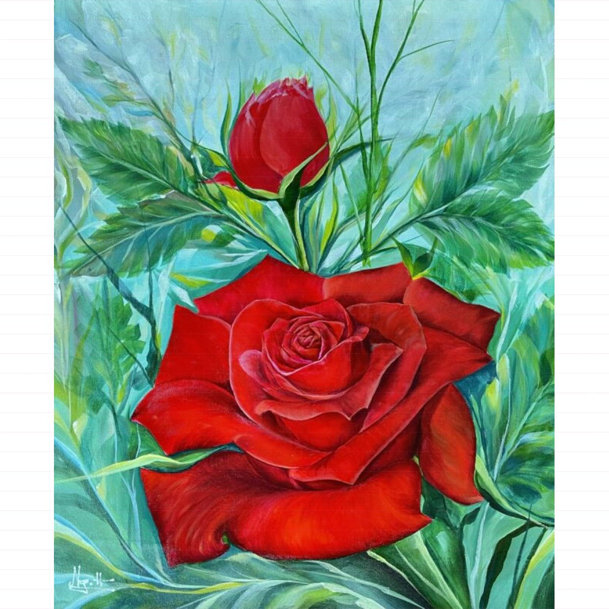 Tranh Hoa Hồng Hồng Nhung Đỏ Acrylic Độc Bản Sang Trọng 50x60cm 