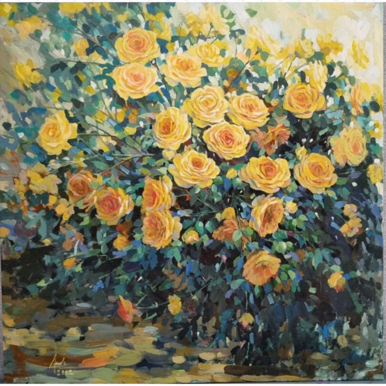 Tranh Sơn Dầu Vườn hồng 80x80cm Acrylic độc bản sang trọng 