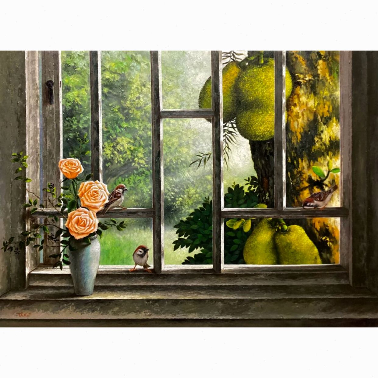 Tranh Hoa Bên Khung Cửa Sổ độc bản Acrylic đẹp trang trí 