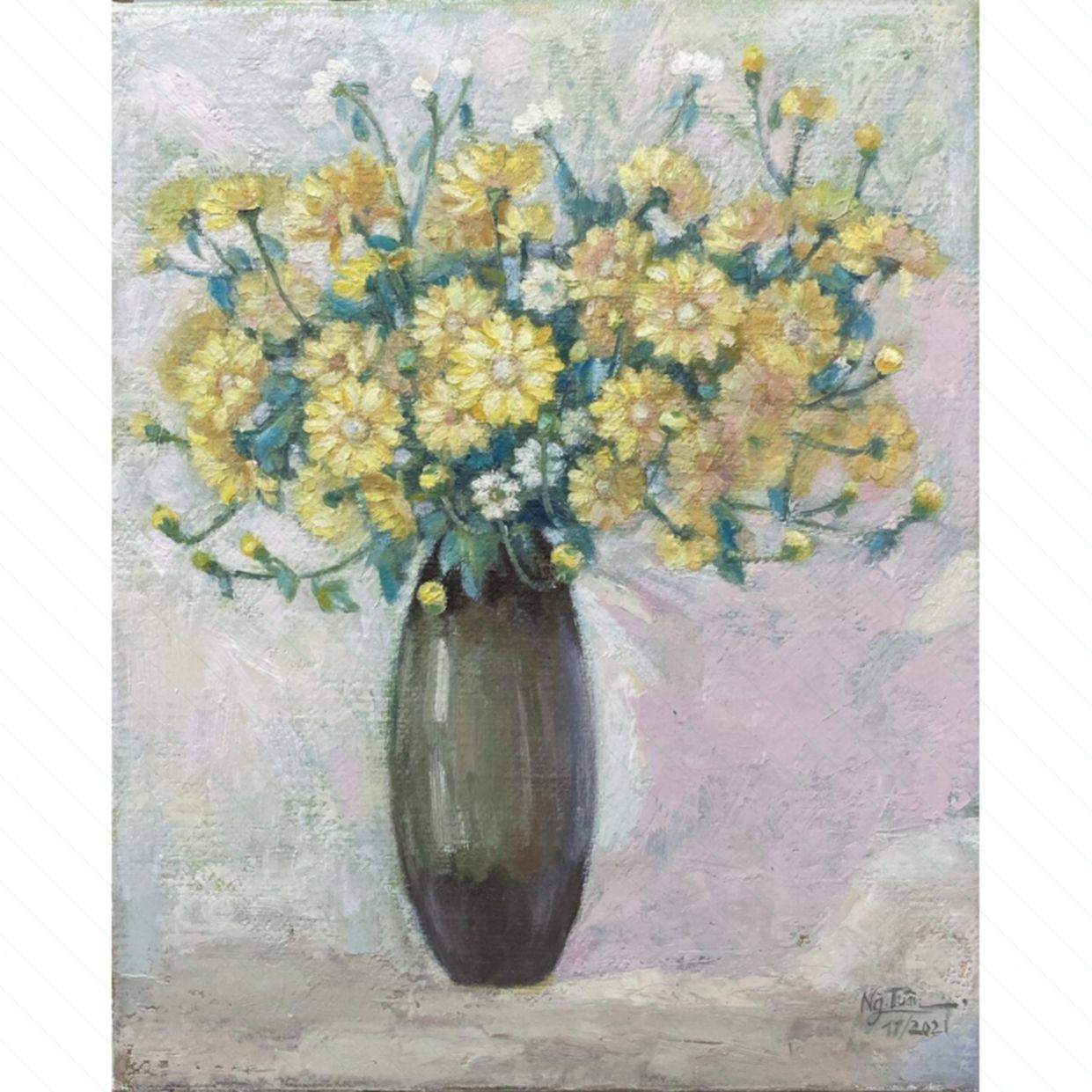 Tranh Sơn Dầu Hoa Cúc Rũ 40x50cm Tác Phẩm Độc Bản 