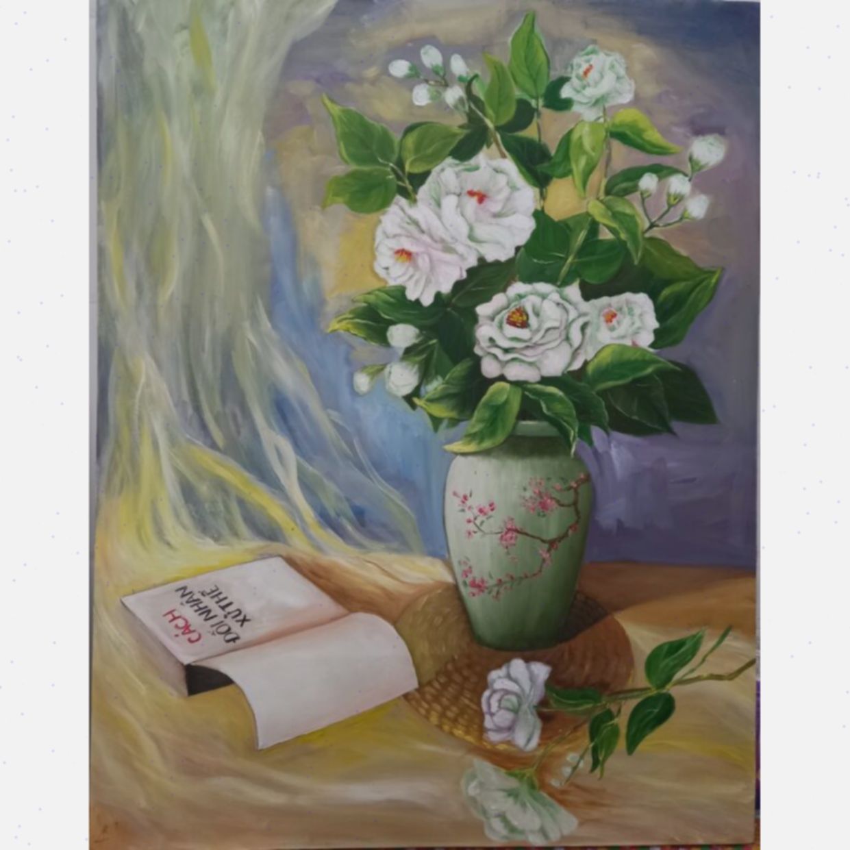 Tranh sơn dầu hoa đẹp kích thước 70x90cm họa sĩ chính hãng 