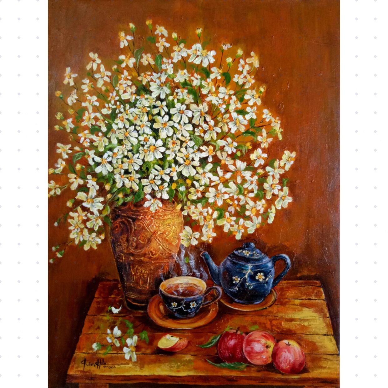Tranh hoa thưởng trà acrylic 60x80 độc bản tiện trang trí 