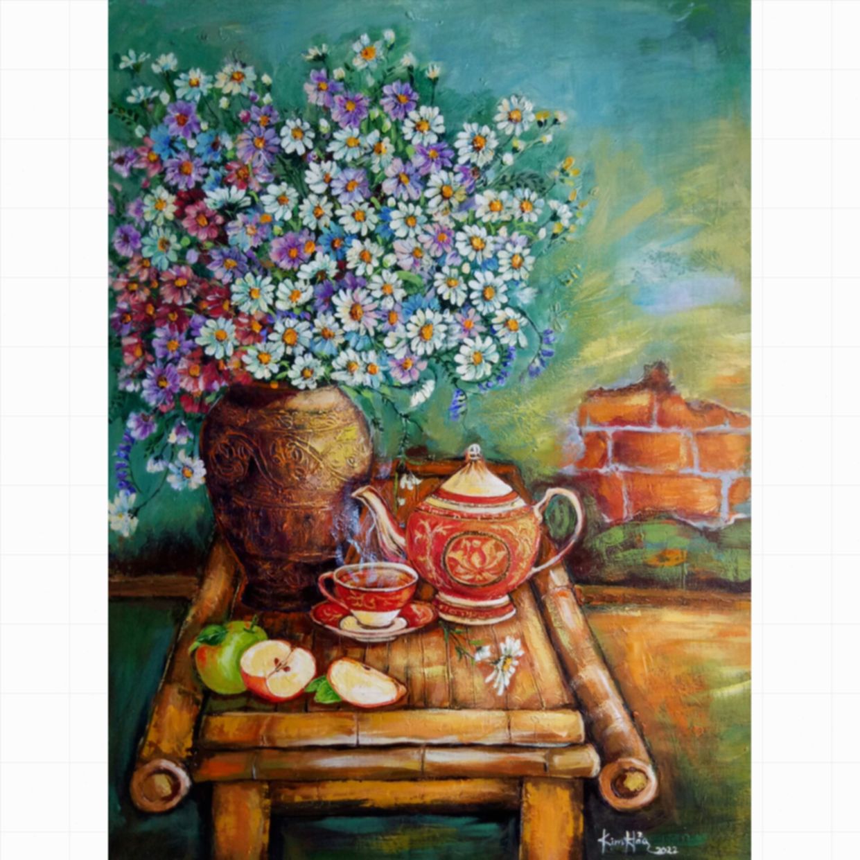 Tranh Hoa Thưởng trà Acrylic 60x80cm độc bản có giấy tờ bản quyền 