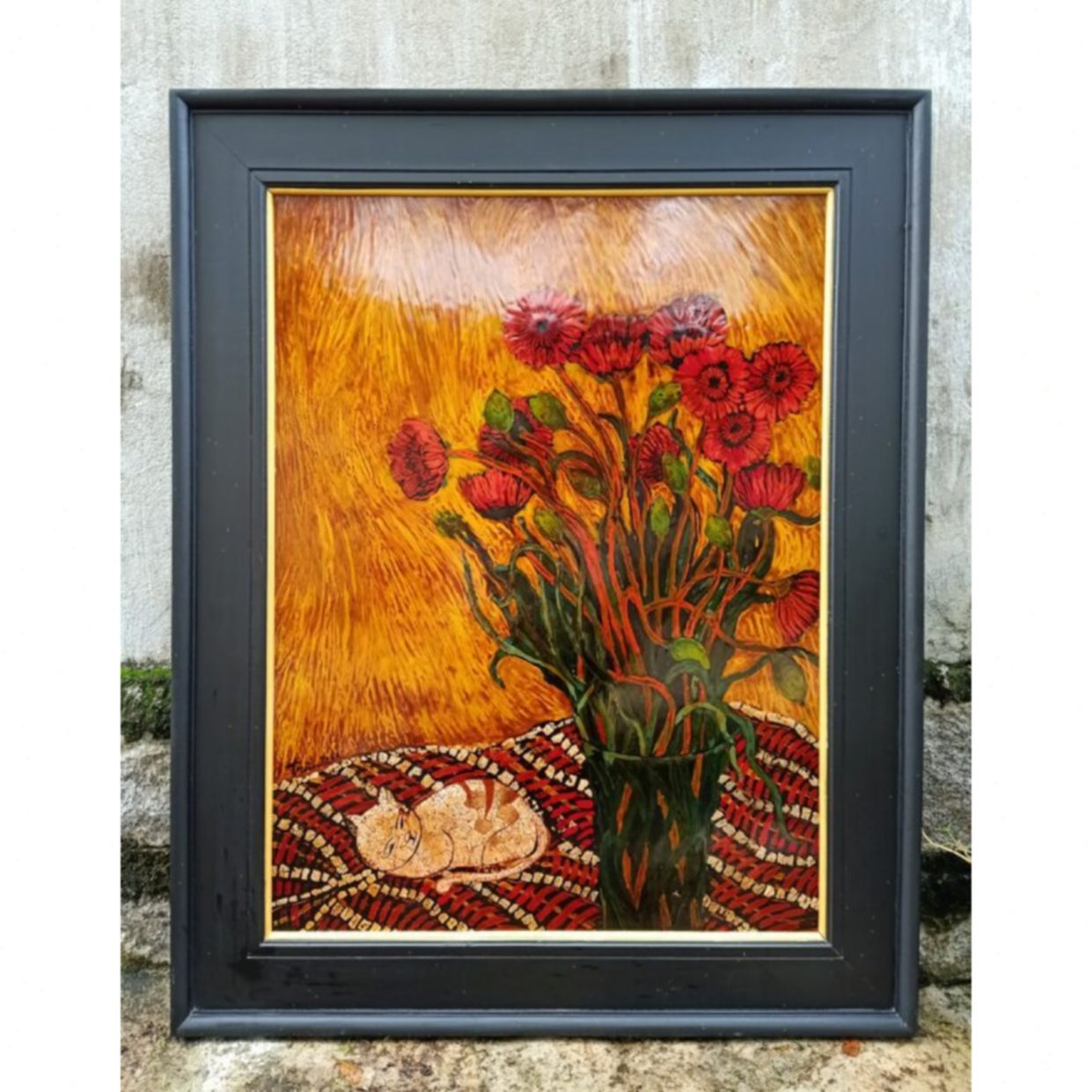 Tranh Sơn Mài Hoa Trên Bàn 60x80cm Độc Bản Sang Trọng 