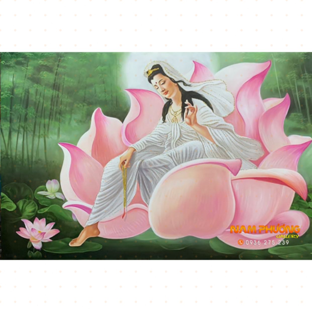 Tranh Sơn Dầu Quan Âm Đài Sen TSD009 Vẽ Tay Đẹp Sang Trọng 