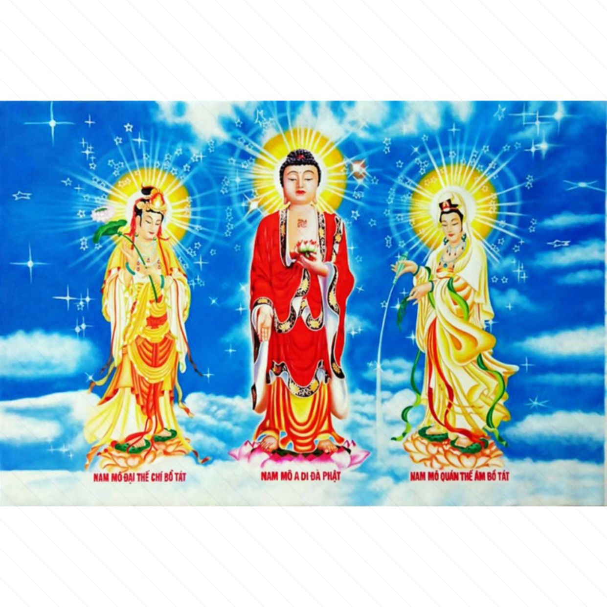 Tranh Tam Thế Phật Sơn Dầu Canvas Khung Gỗ 120x80cm Cao Cấp 