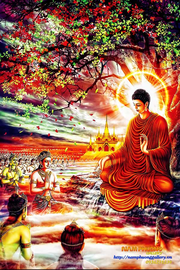 Tranh Phật Bổn Sư Thích Ca giảng đạo sơn dầu khung đẹp