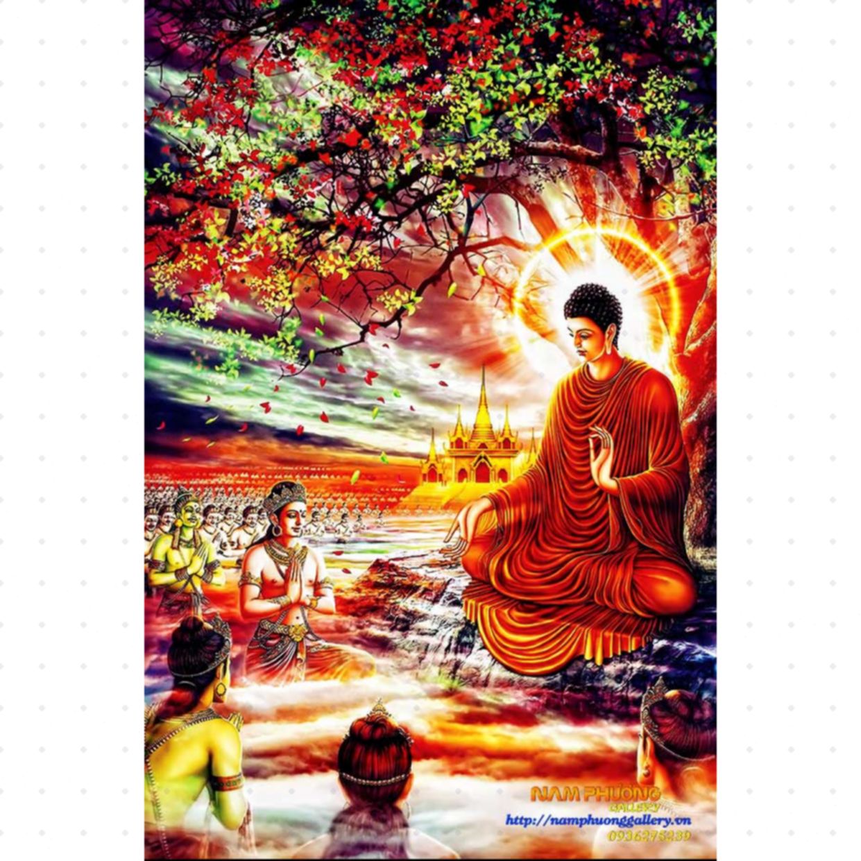 Tranh Phật Bổn Sư Thích Ca giảng đạo sơn dầu khung đẹp 
