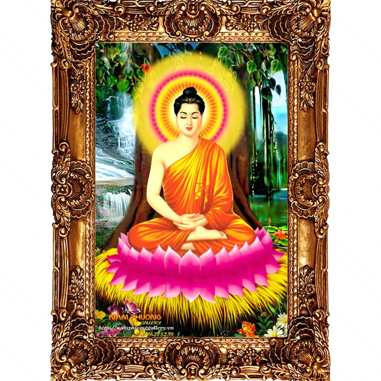 Tranh Phật Bổn Sư Thích Ca Sơn Dầu 100% Vải Canvas Khung Gỗ Sang Trọng 