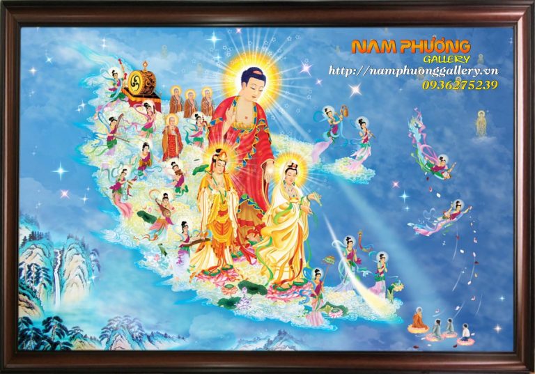 Tranh Phật Tây Phương Cực Lạc TP002 tranh sơn dầu đẹp khung gỗ