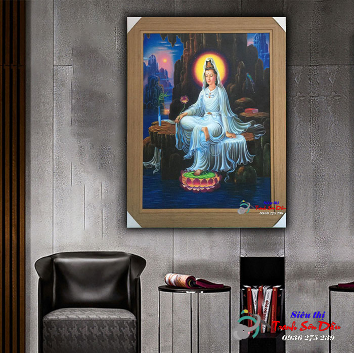 Tranh Phật Bà Quan Âm Ngồi Sơn Dầu Canvas Khung Gỗ Cao Cấp